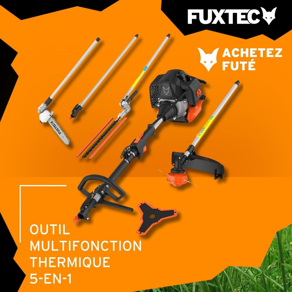 Fuxtec Débroussailleuse Thermique Multifonction 5 en 1 Multitool FX-MT152E - Easy Starter 3CV 52 cm3, Moteur 2 Temps, élagueuse Taille Haie Coupe Bordure Avec Fil ou Lame 1 Mètre Rallonge