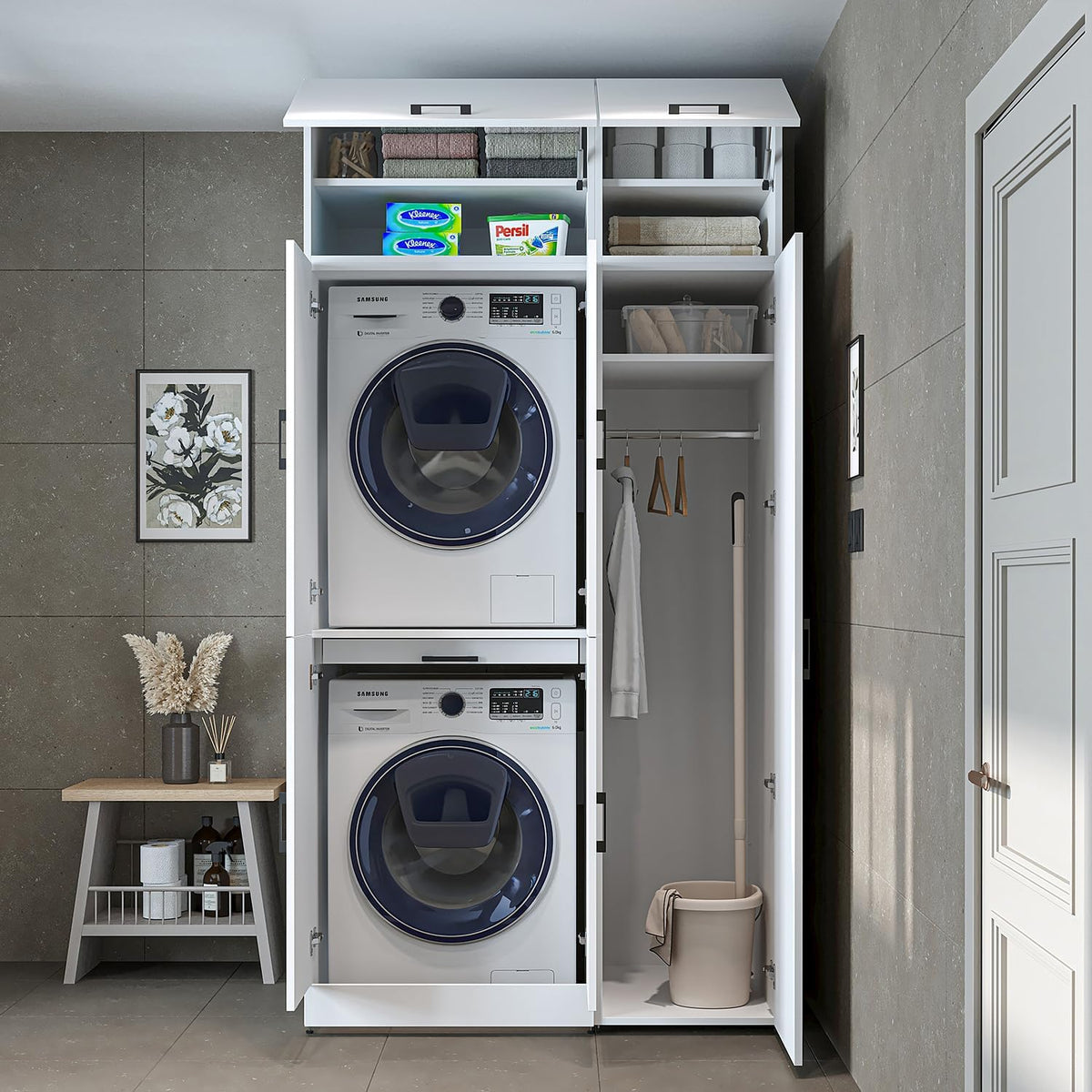 ROOMART Dora - Armoire de machine à laver - Pour sèche-linge et machine à laver - En 4 couleurs - Avec portes et panneau coulissant - Blanc - Chêne blanc - Chêne anthracite - Chêne blanc (chêne blanc)