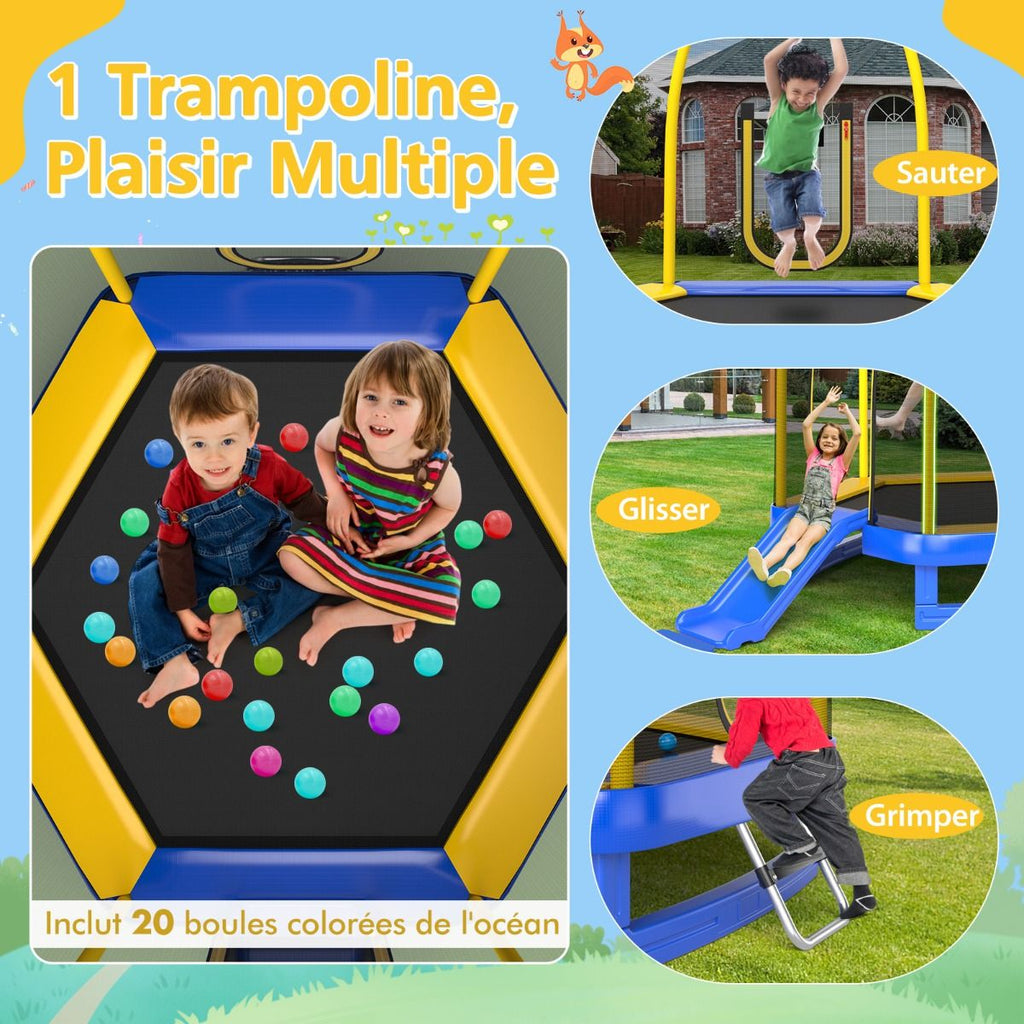 Trampoline Extérieur ? 223cm avec Toboggan&Echelle avec Filet de Sécurité 2 Portes en U Charge 270kg pour 2-3 Enfants de 3 Ans+ Bleu/Vert