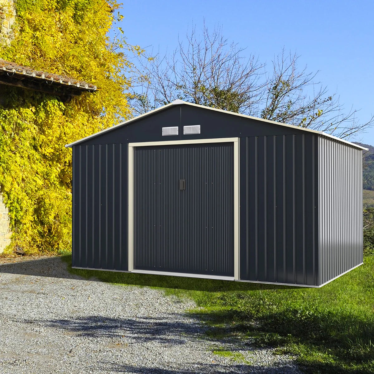 Abri de jardin en métal 8,67 ©O 340 x 255 x 210 cm avec 2 portes coulissantes verrouillables 4 trous d’aération gris pour vélo 20_0005483