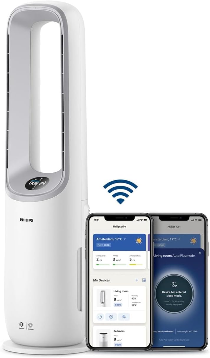 Philips Air Performer 3-en-1 : Purificateur, Chauffage & Ventilateur Rafra?chisseur – Nettoie 70m2, élimine 99,97% des Allergènes et Polluants. Filtre HEPA, Capteurs Intelligents, App (AMF870/15)