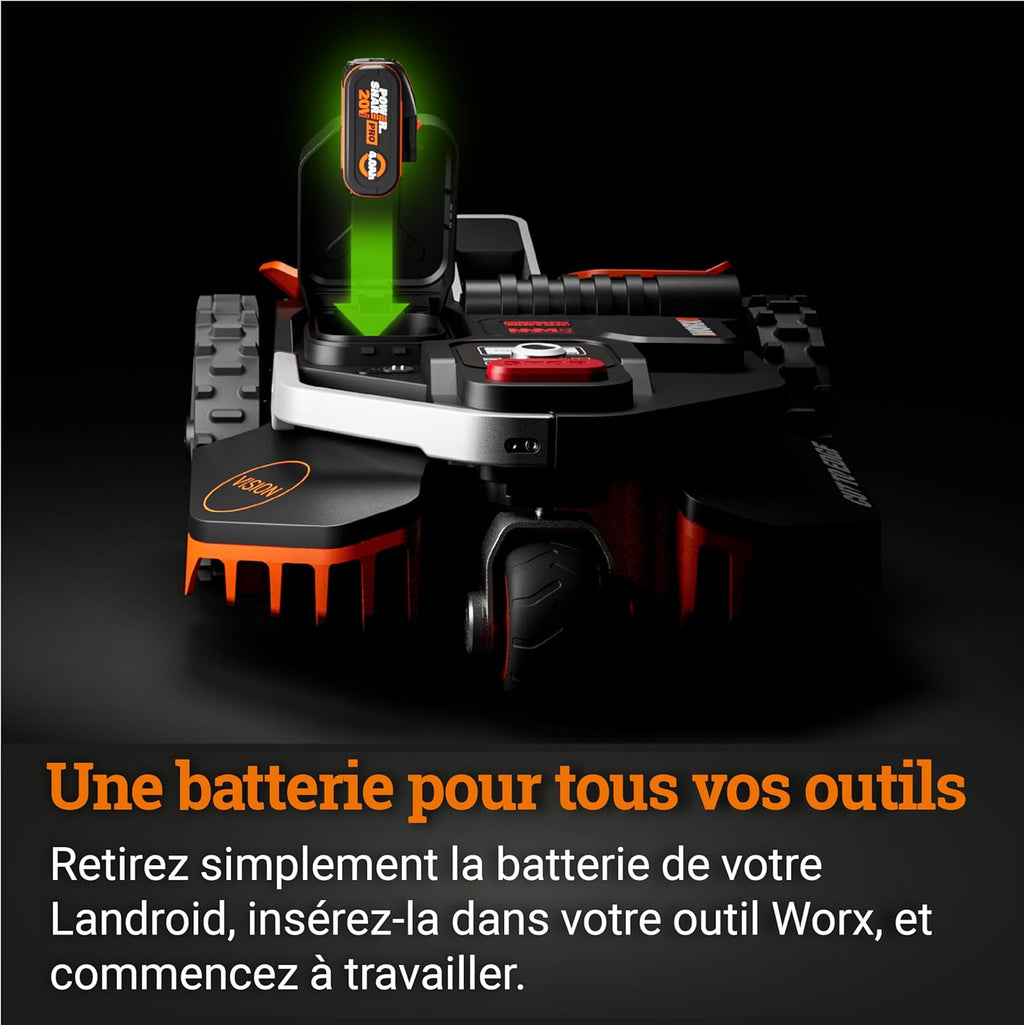 WORX LANDROID Vision WR206E.1, Robot Tondeuse sans Fil périphérique 600 m2 Surf.Max 700 m2, Installation en 30 Min, Caméra 4K + IA Adaptative, évite Tous Les Obstacles, Coupe des Bordures, Multizone