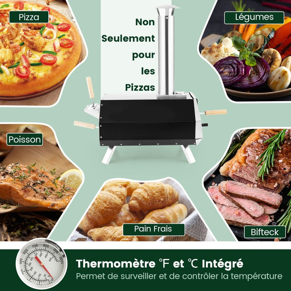Four à Pizza Extérieur en Acier Inoxydable avec Pierre à Pizza de 30,5cm Four à Bois pour Pizza avec Pelle Pare-feu Pieds Pliables