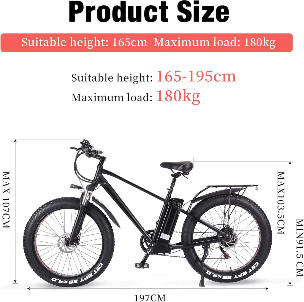 ride66 Vélo électrique VTT pour Homme Adulte, 26 Pouces 21Ah Batterie au Lithium Shimano 7 Vitesses, Vélo Homme Fat Bike Noir XL
