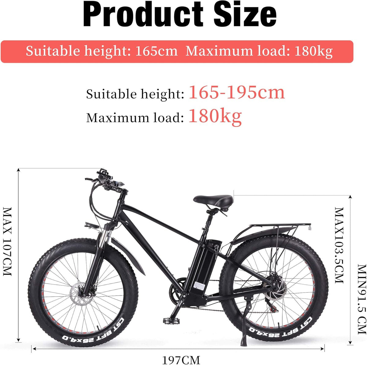 ride66 Vélo électrique VTT pour Homme Adulte, 26 Pouces 21Ah Batterie au Lithium Shimano 7 Vitesses, Vélo Homme Fat Bike Noir XL