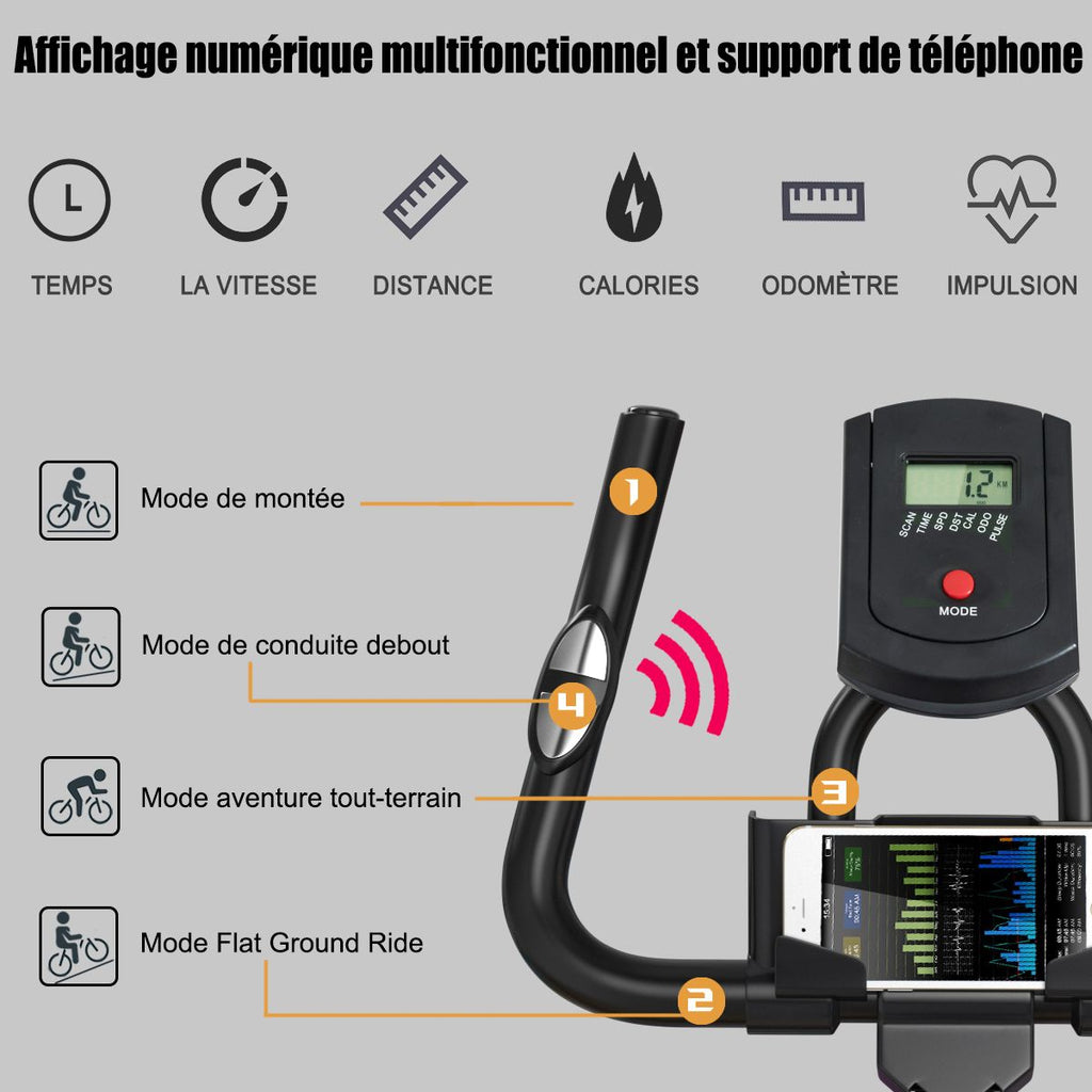 Vélo d’appartement silencieux avec roue et guidon en acier