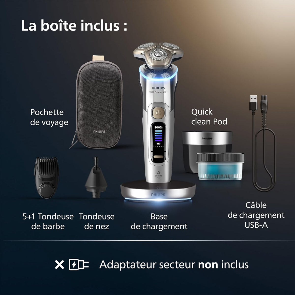 Philips Rasoir i9000 Prestige Ultra, Rasoir électrique 100% étanche, Technologie Skin IQ Pro, Système Triple Lift & Cut, Lames de précision NanoTech rotatives 360°, 5 modes de rasage, XP9401/38