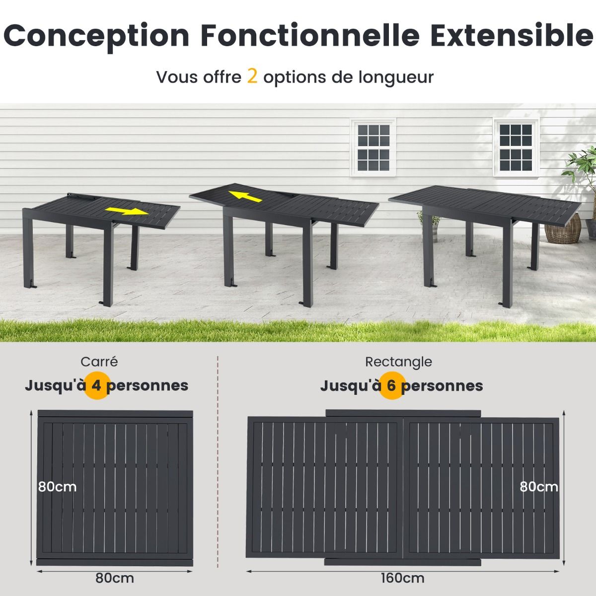 Table de Jardin Extensible en Aluminium Ajustable de 80 à 160 CM Table à Manger Extérieure Plateau à Lattes pour 4-6 Personnes Gris Foncé