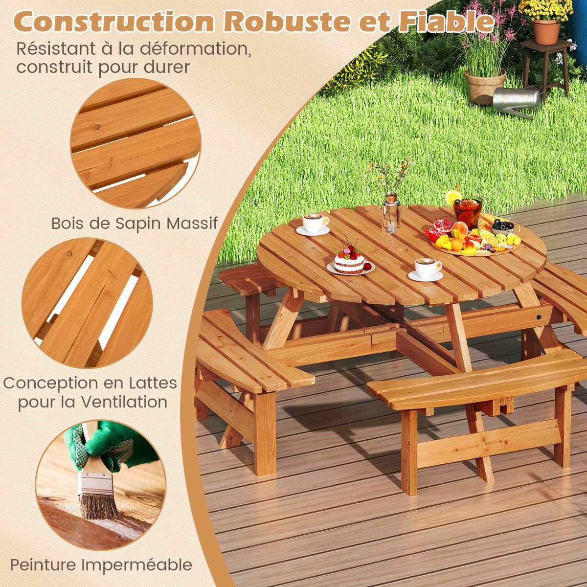 Ensemble Table de Pique-Nique en Bois pour 2 à 8 Personnes Set Table et Banc Circulaire avec 4 Bancs Intégrés Trou de Parasol de 5cm Marron/Jaune