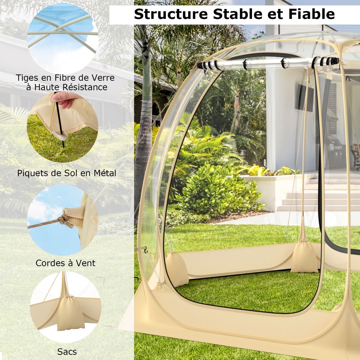 Tente Bulle à Ouverture Instantanée pour 6 à 10 Personnes Tente D?me d'Extérieur 328 x 328 cm Résistante Aux Intempéries Transparent