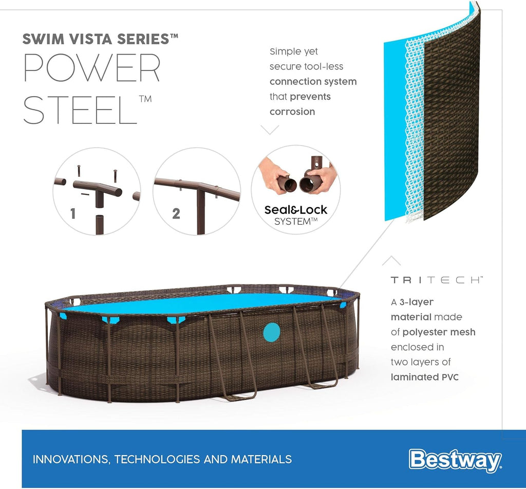 Bestway 56946 Piscine Power Steel? Swim Vista ovale 488 x 305 x 107 cm motif rotin avec hublots, filtration à sable, échelle, bache et diffuseur Chemconnect?