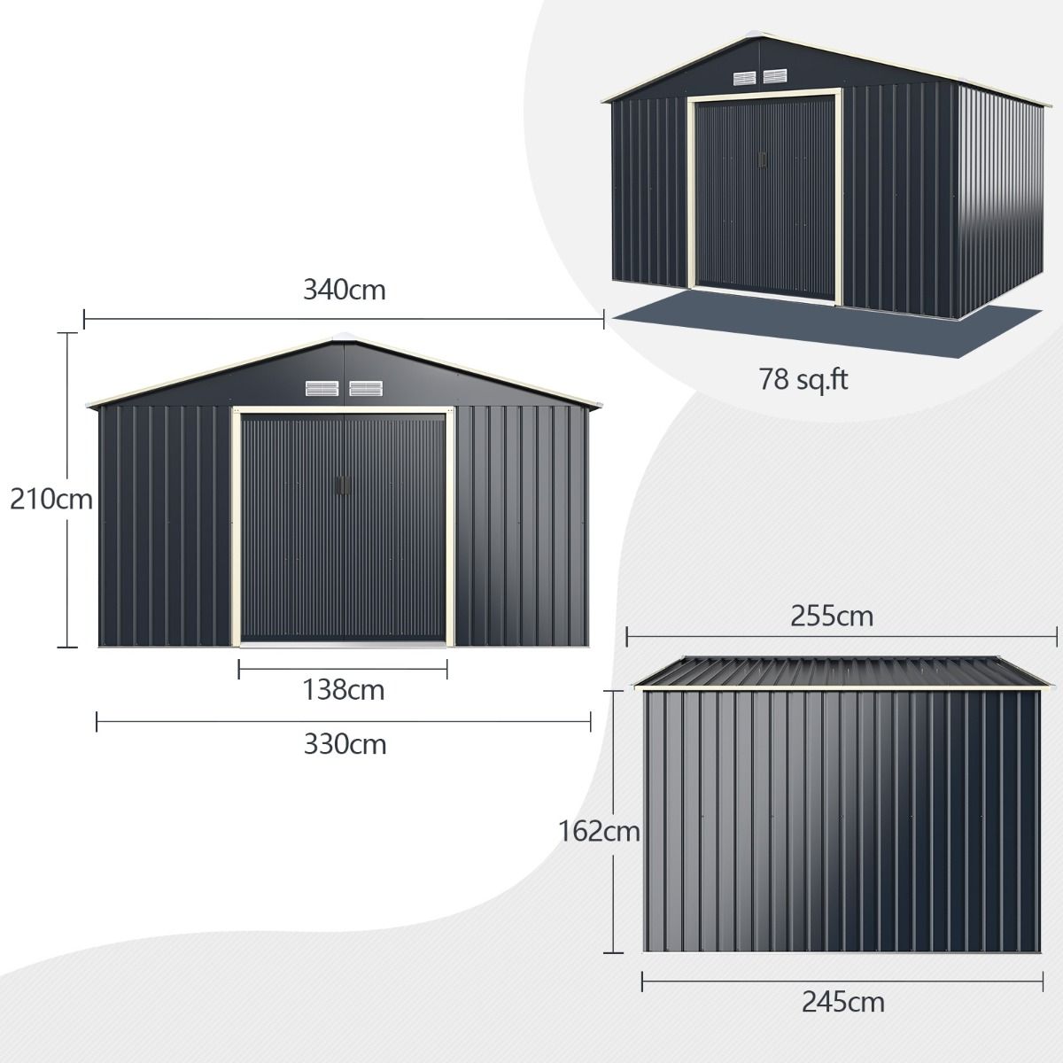 Abri de Jardin en Métal & Extension 10.85©O avec 2 Portes Coulissantes Verrouillables 4 Trous d’Aération Gris pour Vélo