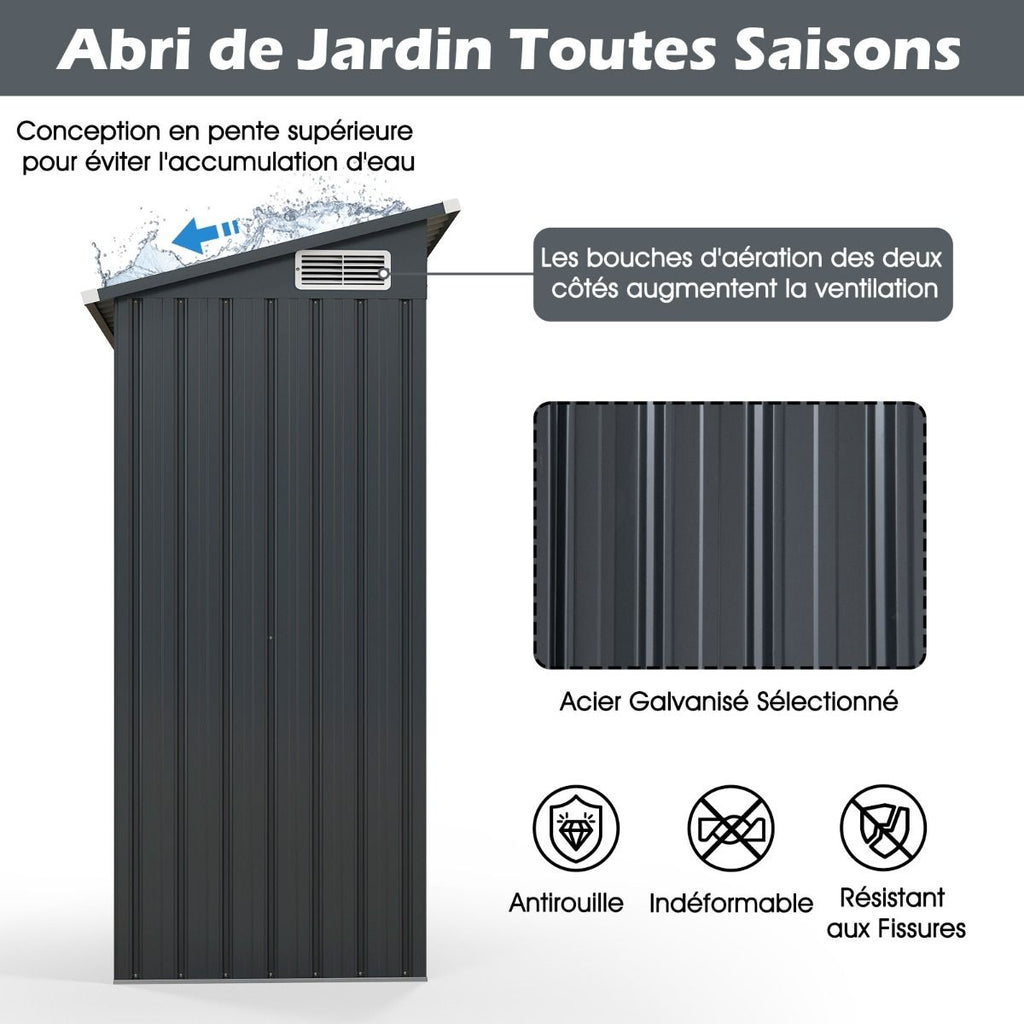 Abri de Rangement Toutes Saisons Abri à Outils Utilitaire avec Toit en Pente Porte Ouvrante Aérations Cadre en Métal Galvanisé Gris