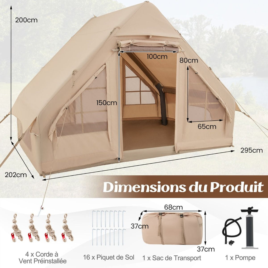 Tente de Camping Gonflable 6 m2 pour 4-6 Personnes Tente en Coton Coupe-vent et Imperméable avec Pompe 7 Fenêtres à Moustiquaire Beige