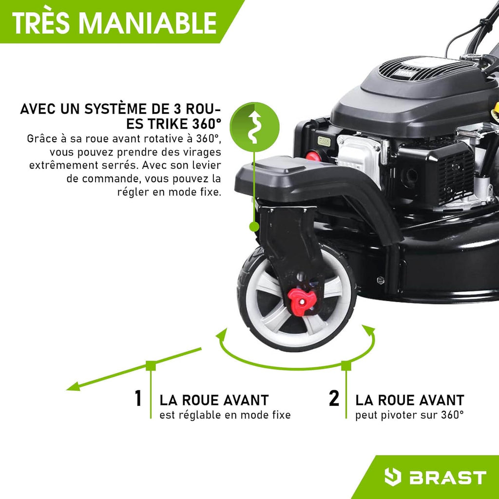 BRAST tondeuse thermique 3 roues TRIKE E-START 224cc 53cm tractée démarrage électrique mulching 4en1 capot en t?le en acier 60l - moteur 4 temps de la marque fran?aise GT reglable