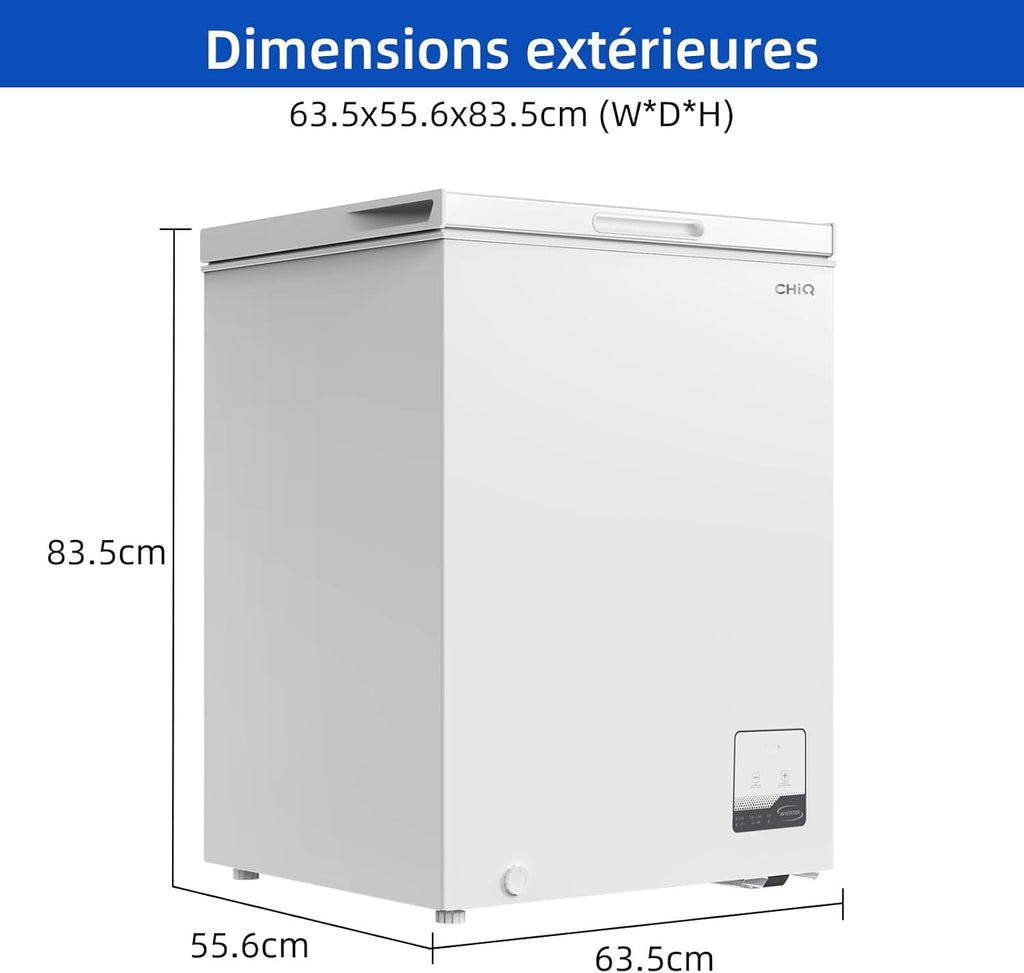 Congélateur coffre CHiQ 142L, 63,5 x 55,6 x 83,5cm, Congélateur Inverter, Affichage de la température extérieure, Mode de congélation rapide -32°C, Grille métallique,Faible bruit