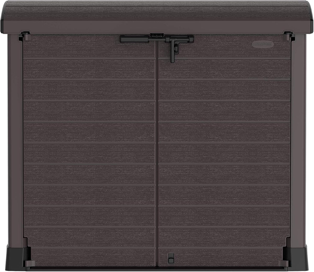 Duramax StoreAway 1200L Plastic Garden Shed/ Flat Lid, Outdoor Storage Shed, Wheelie Bin Hideaways, Wheelie bin box, Durable Construction, Ideal for Bikes, BBQs & 2x 240L Bins, 145x85x125 cm, Brown