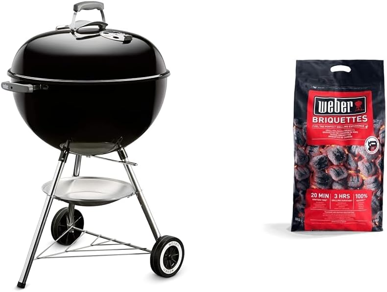 Weber Classic Kettle barbecue au charbon de bois, surface de cuisson ? 57cm, barbecue avec couvercle et cuve en acier emaillé, thermomètre intégré au couvercle, trépied et roues - Noir (1341504)