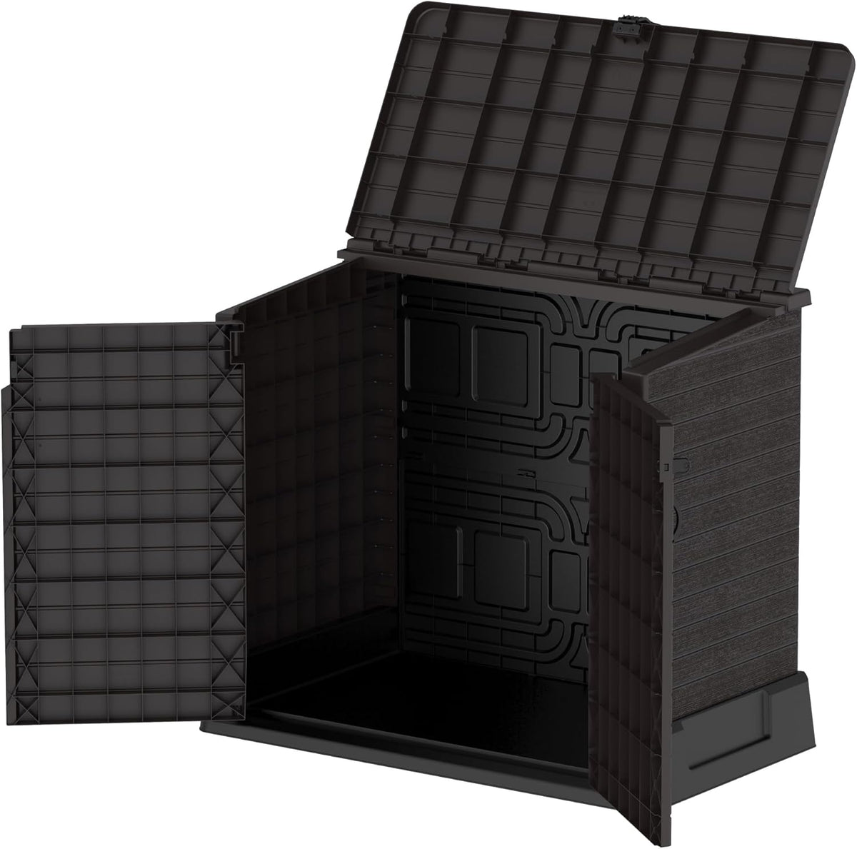 Duramax StoreAway 1200L Plastic Garden Shed/ Flat Lid, Outdoor Storage Shed, Wheelie Bin Hideaways, Wheelie bin box, Durable Construction, Ideal for Bikes, BBQs & 2x 240L Bins, 145x85x125 cm, Brown