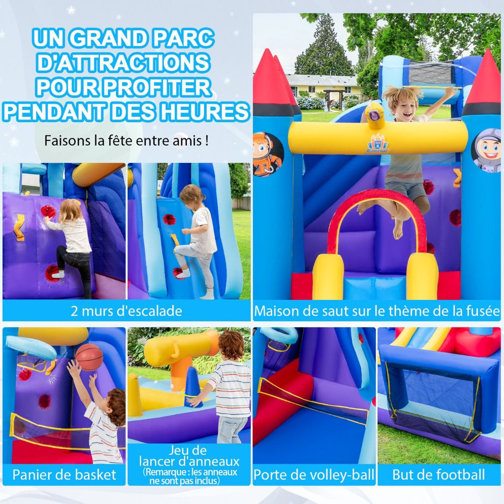 Chateau Gonflable à Toboggans Aquatiques Thème de La Fusée pour Enfants Piscine Zone de Saut Pistolet à Eau Escalade Souffleur de 850 W Multicolore