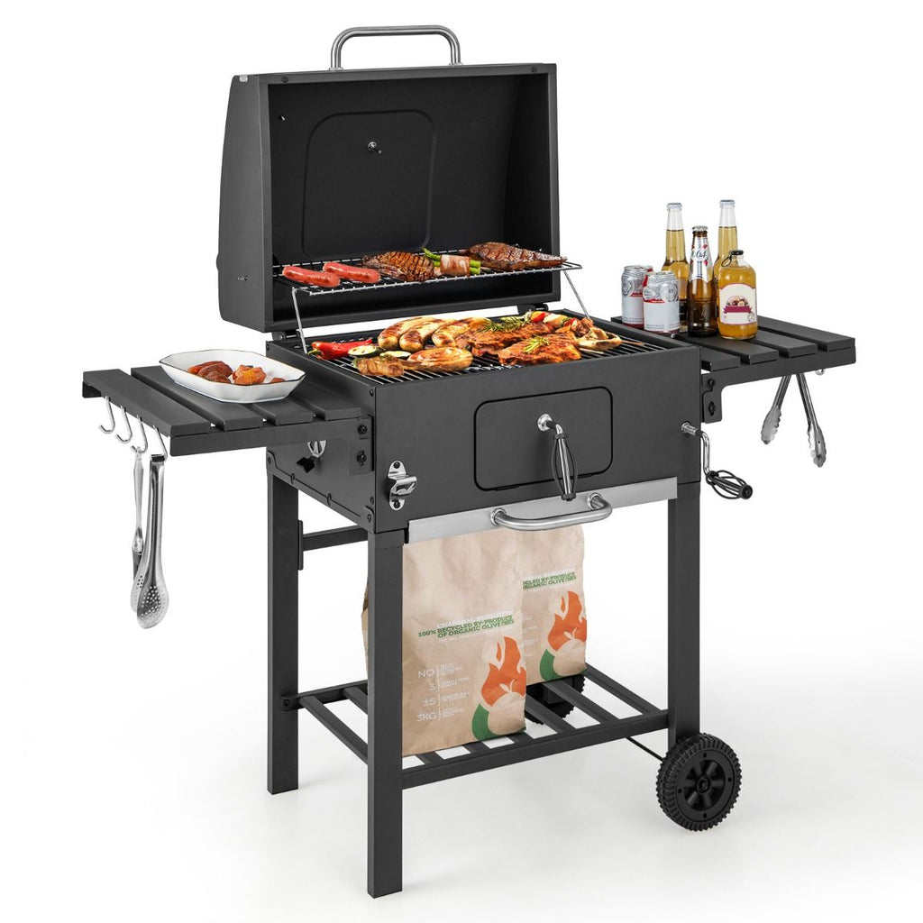 Barbecue à Charbon de Bois Portable avec 2 Tables d'Appoint Noir