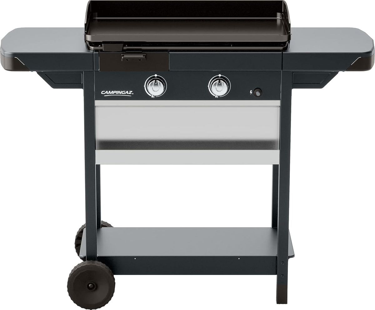 Campingaz Plancha EXB Plus, plancha au gaz sur chariot, grill gastronomique avec plaque en acier émaillé et 2 br?leurs, puissance 7500 W, pour des grillades méditerranéennes, Noir