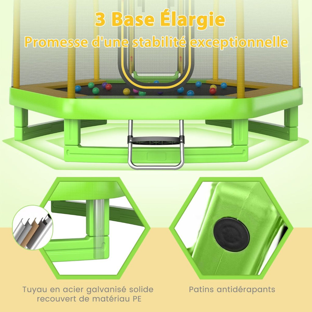 Trampoline Extérieur ? 223cm avec Toboggan&Echelle avec Filet de Sécurité 2 Portes en U Charge 270kg pour 2-3 Enfants de 3 Ans+ Bleu/Vert