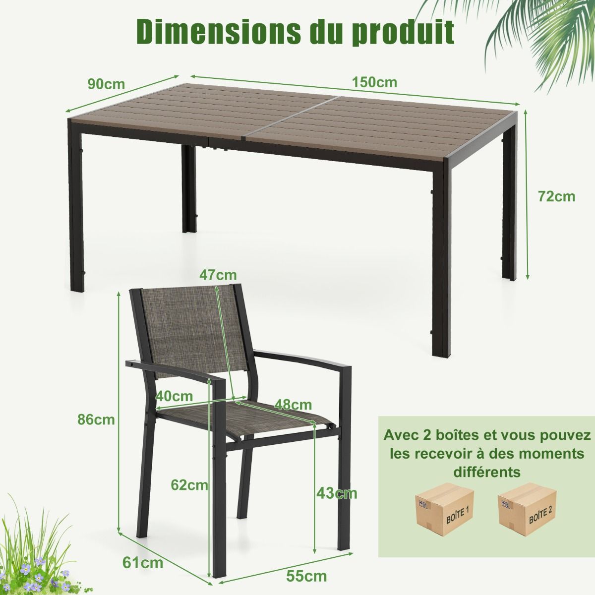 Ensemble de Meubles de Patio 7 Pièces pour 6 Personnes Salon de Jardin avec 6 Chaises Empilables et Table Rectangulaire Gris