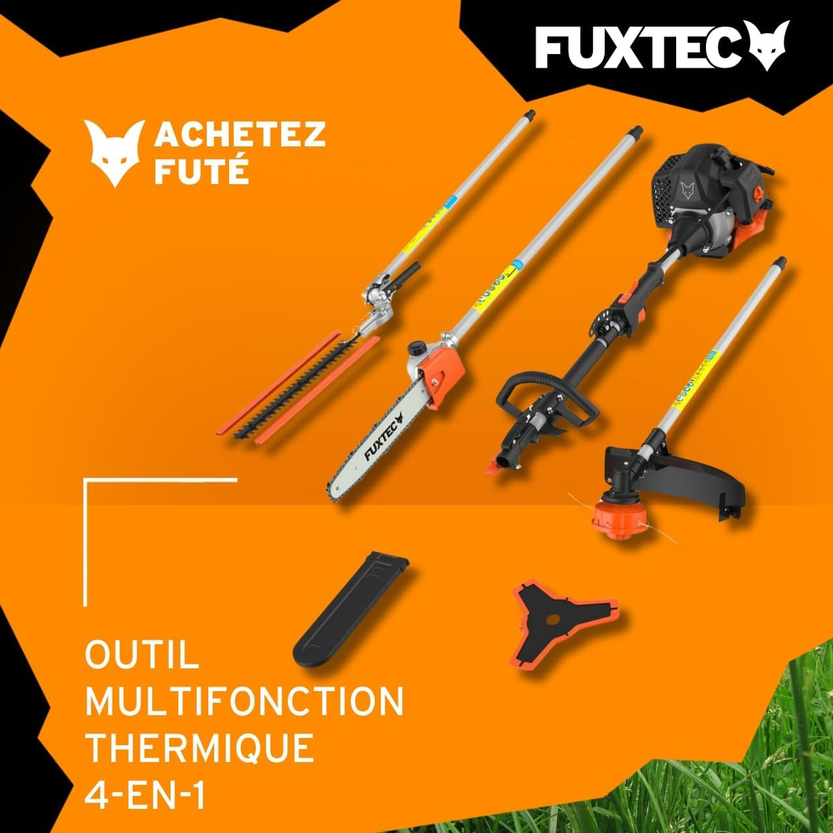 Fuxtec Débroussailleuse Thermique Multifonction 5 en 1 Multitool FX-MT152E - Easy Starter 3CV 52 cm3, Moteur 2 Temps, élagueuse Taille Haie Coupe Bordure Avec Fil ou Lame 1 Mètre Rallonge