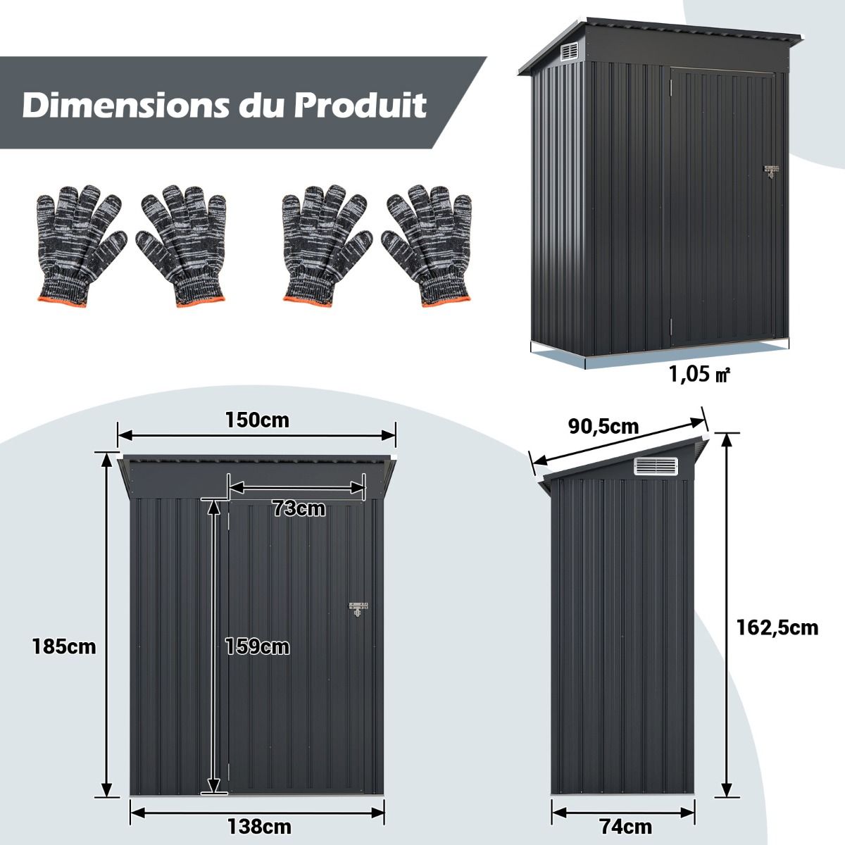 Abri de Rangement Toutes Saisons Abri à Outils Utilitaire avec Toit en Pente Porte Ouvrante Aérations Cadre en Métal Galvanisé Gris