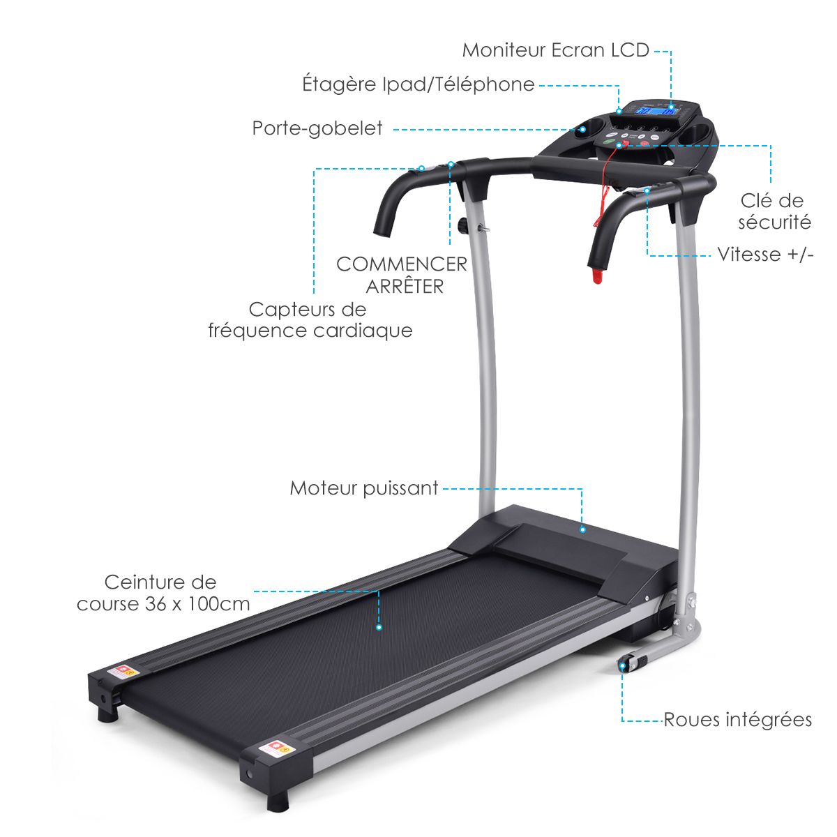 Tapis de Course électrique Pliable avec écran et Moniteur de Fréquence Cardiaque avec Vitesse de 1 à 10 km/h et 12 Programmes Noir