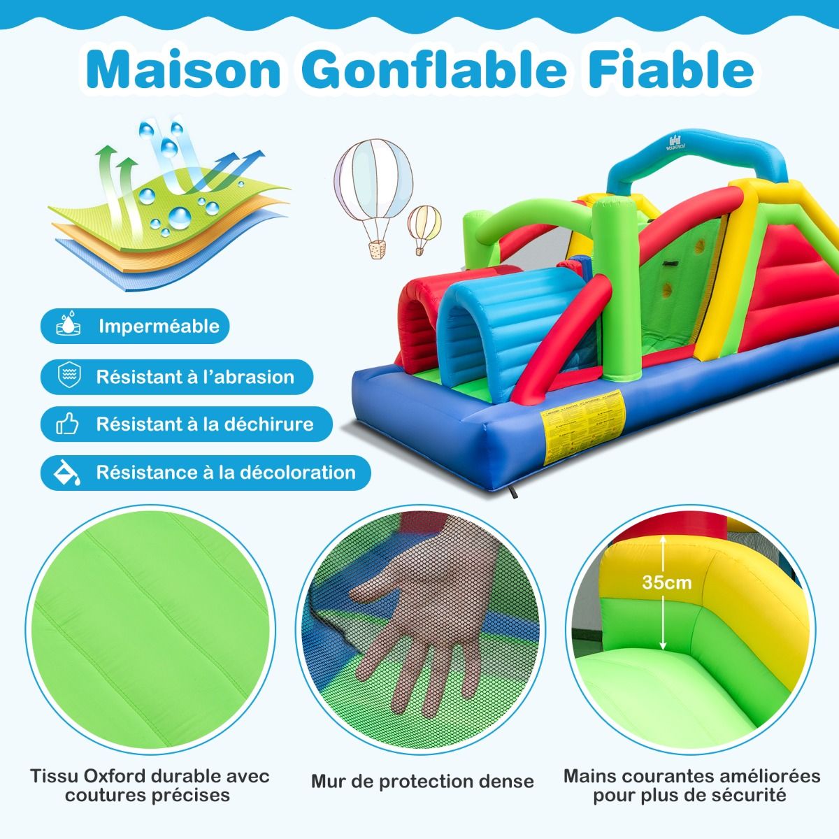 Chateau Gonflable pour 4 Enfants avec 2 Toboggans Tunnels Zone de Rebond Escalade Obstacles Maison de Jeu avec Souffleur de 680 W