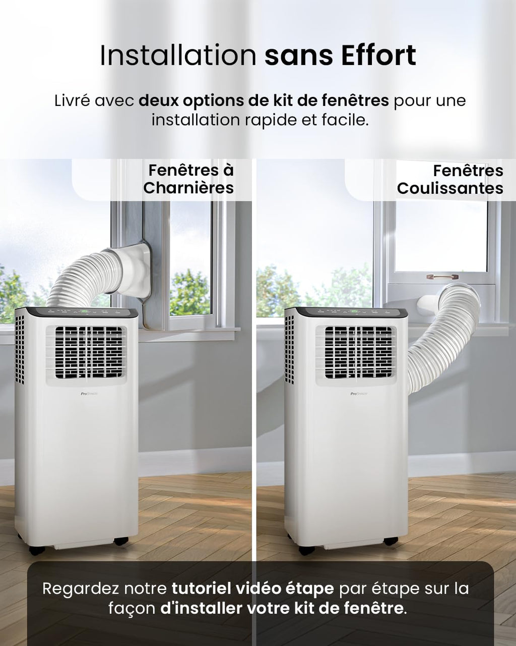 Climatiseur Mobile 4-en-1 9000 BTU - Clim Puissante compatible WiFi avec Application- Minuterie 24 heures, Télécommande et Kit Fenêtre inclus pour Chambre, Salon 22m2 [Classe énergétique A]