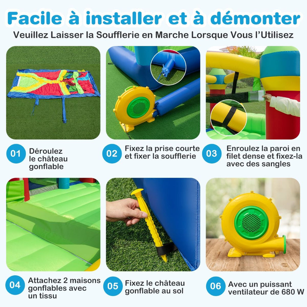 Chateau Gonflable pour 4 Enfants avec 2 Toboggans Tunnels Zone de Rebond Escalade Obstacles Maison de Jeu avec Souffleur de 680 W