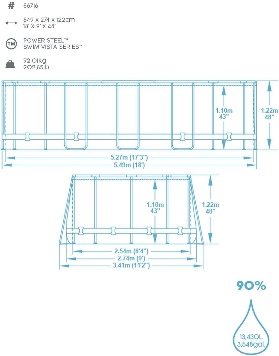 Bestway 56946 Piscine Power Steel? Swim Vista ovale 488 x 305 x 107 cm motif rotin avec hublots, filtration à sable, échelle, bache et diffuseur Chemconnect?