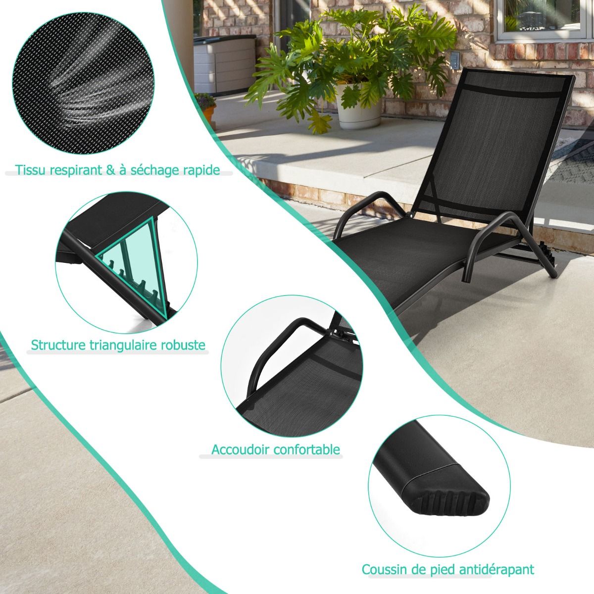 Lot de 2 Bains de Soleil Inclinables d'Extérieur avec Accoudoirs et Dossier Réglable à 5 Positions Charge 160 kg Noir
