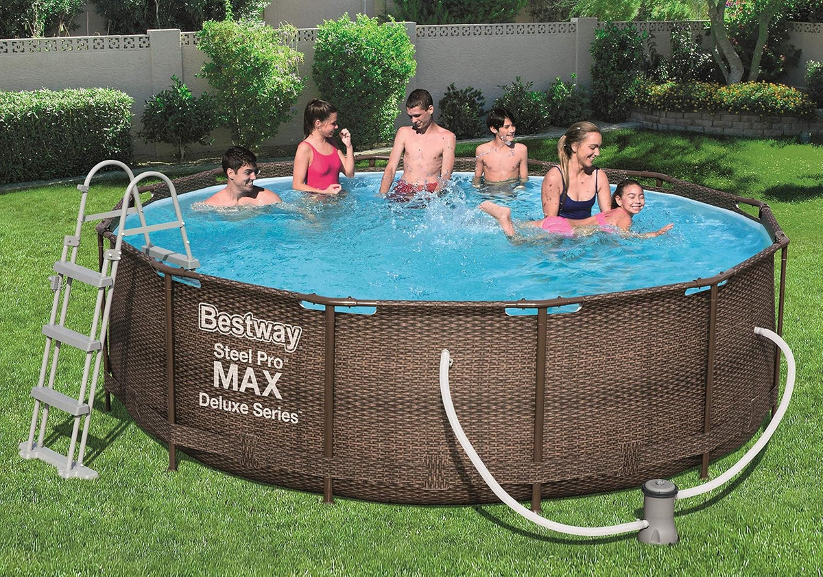 Bestway Power Steel Deluxe Piscine tubulaire ronde avec cadre en acier solide Kit complet Aspect rotin 366 x 100 cm, Marron