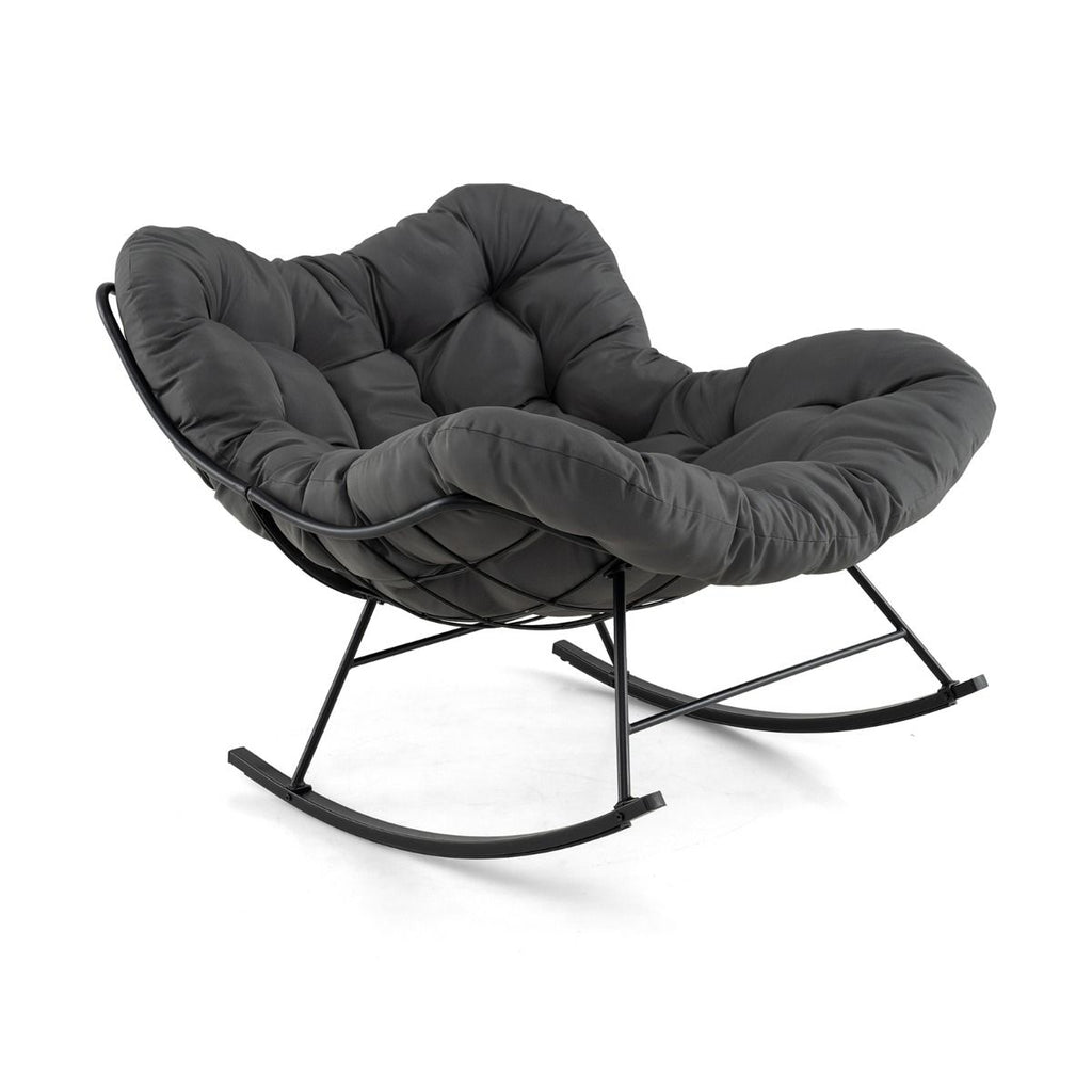 Chaise à Bascule d'Intérieur et d'Extérieur Chaise Papasan Surdimensionnée avec Coussin Rembourré & Cadre en Métal Capacité 205 Kg Gris